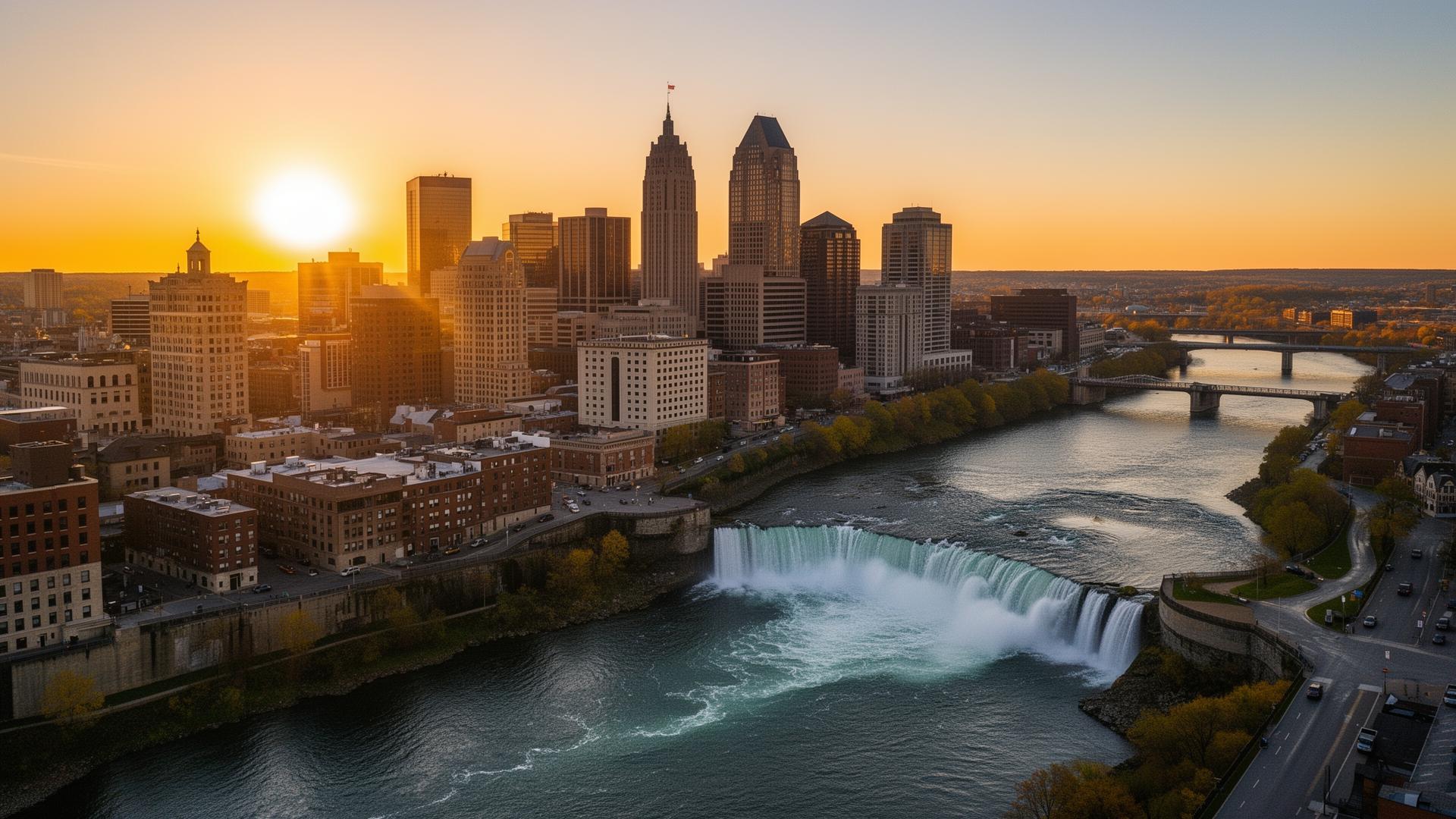 Aerial view of downtown Rochester, New York and the High Falls of the Genesee River